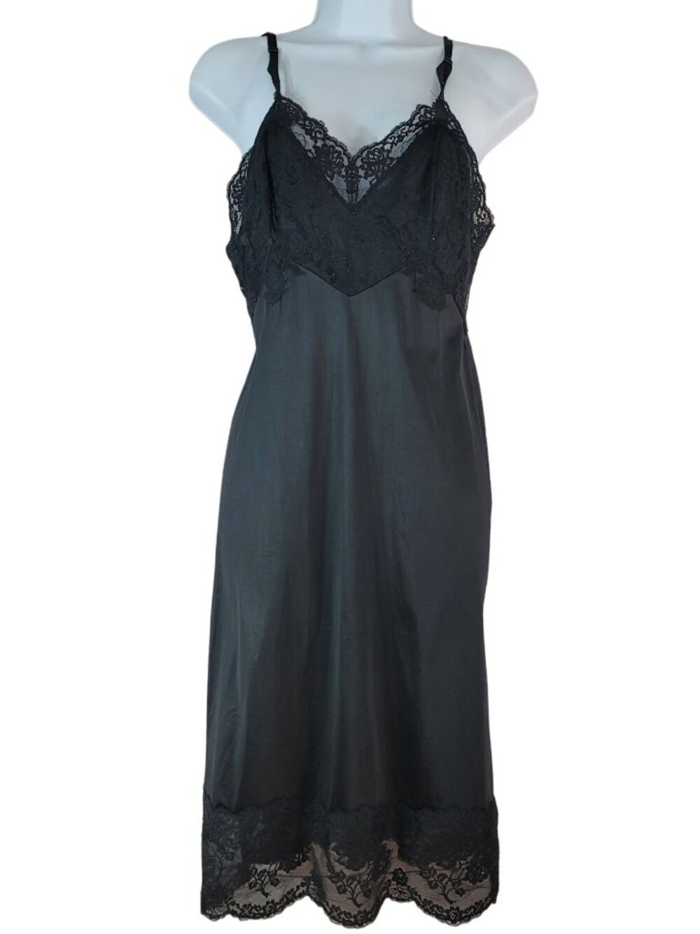Vanity Fair Full Slip Black Size 34 Nightie Chemise Lace Nylon Tricot USA VTG